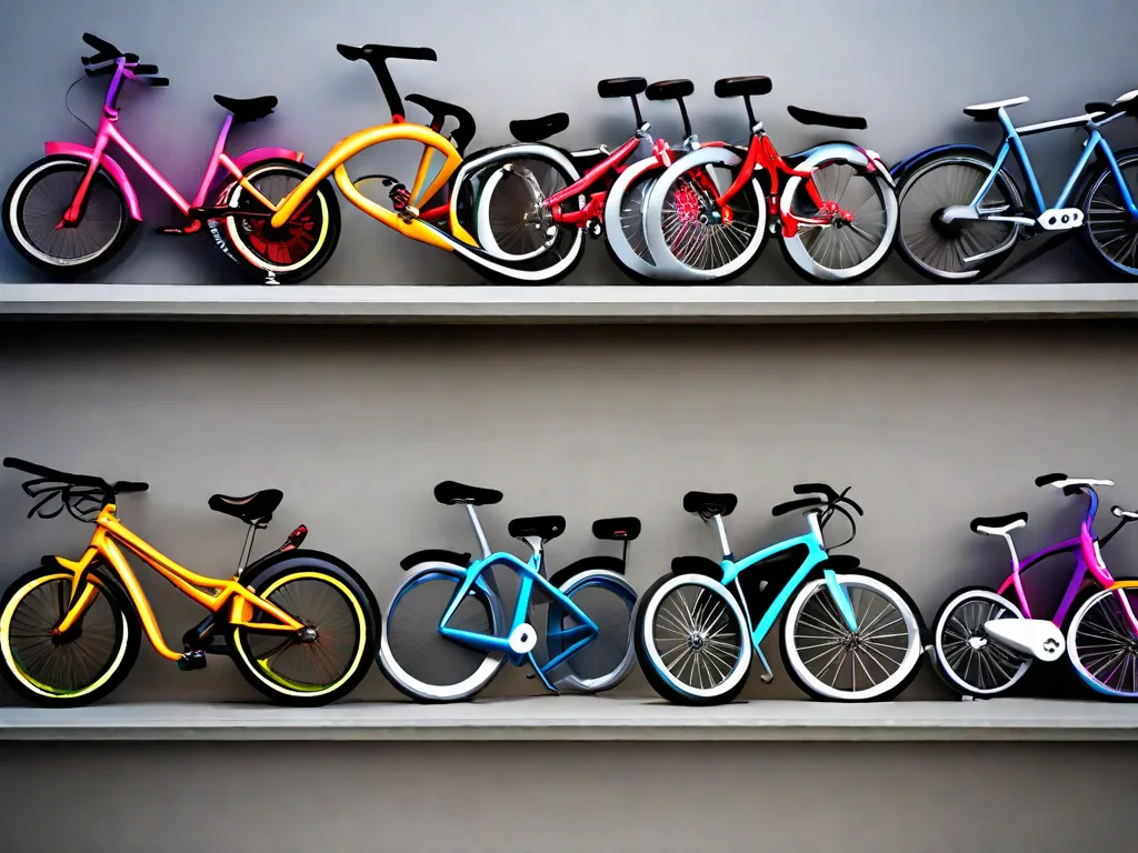 Descrição: Uma imagem em close-up de uma variedade colorida de bicicletas alinhadas contra uma parede. Cada bicicleta é única em design e tamanho, representando uma gama de opções adequadas para diferentes faixas etárias. A imagem destaca a importância de selecionar a bicicleta certa com base na idade, garantindo uma experiência de pedalada segura e agradável.