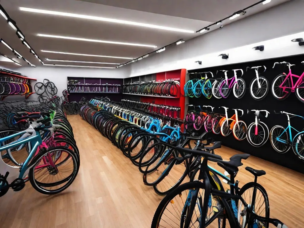 Descrição da imagem: Uma exibição vibrante e diversa de bicicletas alinhadas em uma loja de bicicletas. Diferentes modelos e estilos são apresentados, variando de bicicletas de estrada elegantes a bicicletas de montanha robustas. As etiquetas de preço em cada bicicleta destacam a variedade de opções disponíveis, atendendo a diferentes orçamentos e preferências.