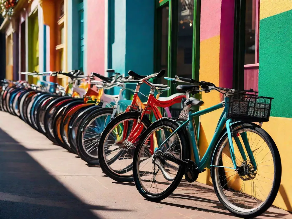 Uma imagem vibrante mostrando uma fileira de bicicletas alinhadas contra um pano de fundo colorido. Cada bicicleta representa uma faixa de preço diferente, desde opções acessíveis até modelos de alta qualidade, atendendo a uma ampla gama de orçamentos. A imagem captura a diversidade e acessibilidade do ciclismo para todos os bolsos.