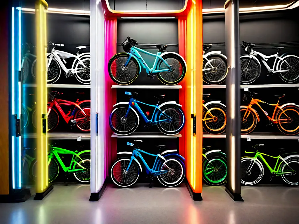 Descrição da Imagem: Uma imagem vibrante mostrando uma variedade de bicicletas elétricas alinhadas em uma loja de bicicletas. As bicicletas vêm em diferentes cores e estilos, variando de modelos urbanos elegantes a opções robustas para trilhas. A exposição destaca as etiquetas de preço em cada bicicleta, ajudando os consumidores a tomarem decisões de compra informadas.