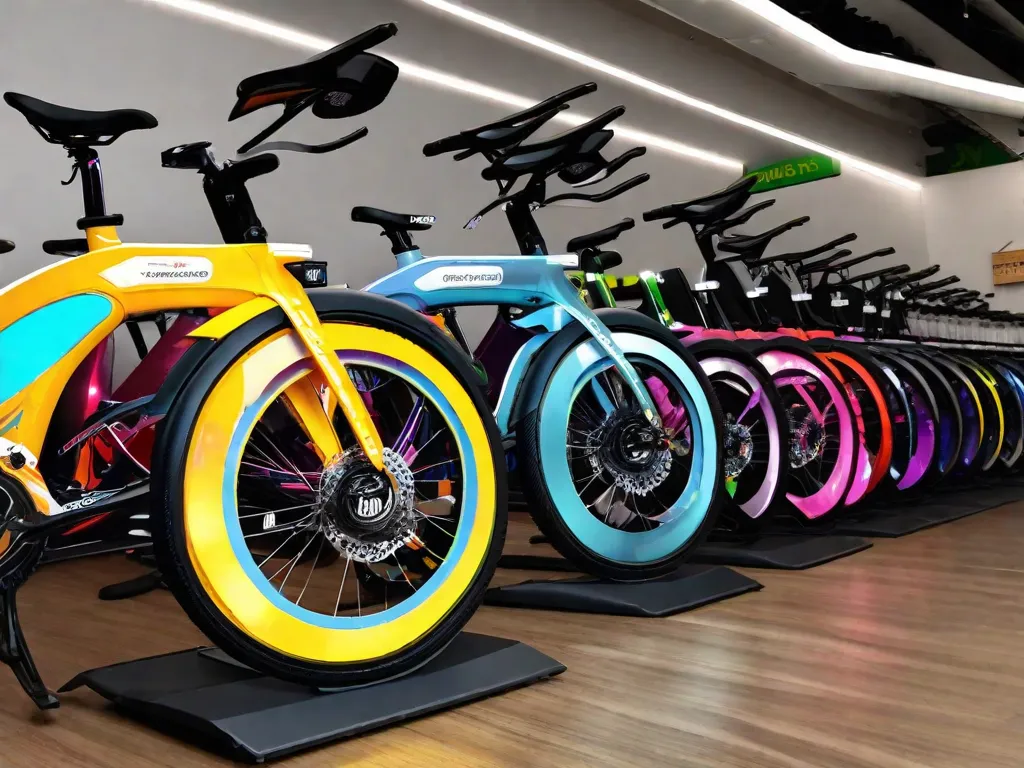 Descrição da imagem: Uma imagem vibrante mostrando uma variedade de bicicletas elétricas alinhadas em uma loja de bicicletas. Cada bicicleta é elegante e moderna, com várias cores e designs. Os preços são exibidos de forma proeminente em etiquetas presas aos guidões, permitindo que os clientes comparem e escolham facilmente a bicicleta elétrica perfeita para suas necess