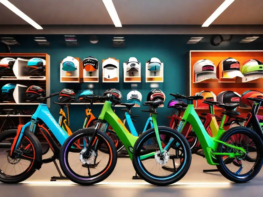 Descrição da imagem: Uma imagem vibrante mostrando uma variedade de bicicletas elétricas alinhadas em uma loja de bicicletas. Cada bicicleta é elegante e moderna, com várias cores e designs. Os preços são exibidos de forma proeminente em etiquetas presas aos guidões, permitindo que os clientes comparem e escolham facilmente a bicicleta elétrica perfeita para suas necess