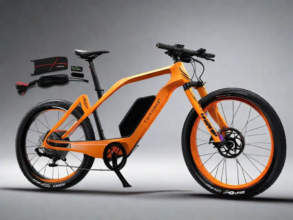 Uma imagem de duas bicicletas elétricas lado a lado, uma com uma etiqueta de preço mostrando um valor mais alto e a outra com um preço mais baixo. As bicicletas são elegantes e modernas, mostrando seus componentes elétricos e destacando a acessibilidade e o valor da opção de menor preço.