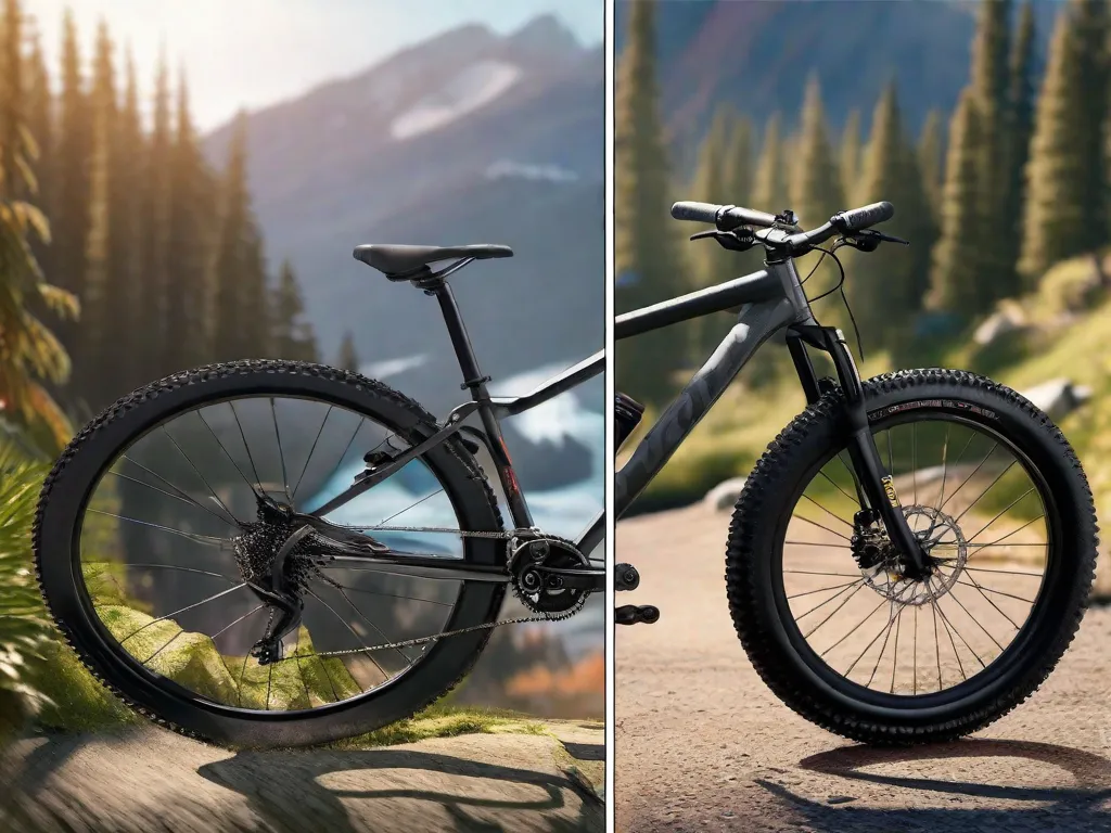 Uma imagem dividida mostrando duas bicicletas lado a lado: à esquerda, uma bicicleta híbrida elegante com pneus estreitos e um guidão reto, e à direita, uma bicicleta de montanha robusta com pneus com cravos e suspensão dianteira, ambas posicionadas contra um pano de fundo de trilhas urbanas e de montanha, respectivamente.