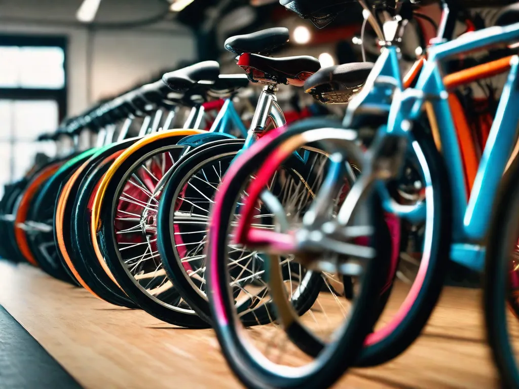 Uma imagem em close-up de uma fileira de bicicletas em uma loja de bicicletas, mostrando diferentes estilos e cores. Cada bicicleta representa uma opção única para potenciais compradores, destacando a variedade e as escolhas disponíveis ao escolher a bicicleta certa.