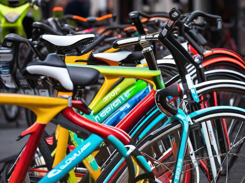 Descrição da Imagem: Uma exibição vibrante e diversa de bicicletas das principais marcas, alinhadas em uma fileira. Cada bicicleta mostra seu design, cor e características únicas. A imagem captura a essência de qualidade e inovação, atraindo entusiastas de bicicletas para explorar o mundo das principais marcas de bicicletas.