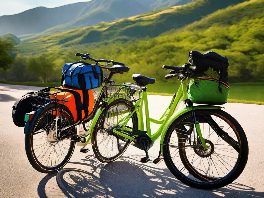 Uma imagem vibrante de duas bicicletas estacionadas em frente a um cenário de montanhas verdejantes. O sol está brilhando intensamente, lançando um brilho quente sobre a cena. Ela captura a essência da conexão entre bicicletas e natureza, convidando os espectadores a embarcarem em uma jornada aventureira por paisagens pitorescas.