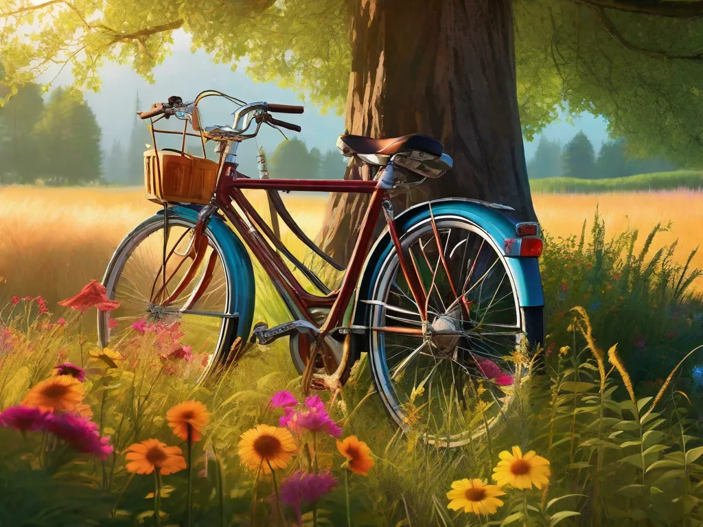 Uma imagem vibrante de duas bicicletas estacionadas em um prado sereno, cercado por grama alta e flores silvestres coloridas. O sol está brilhando, lançando um brilho quente na cena, enquanto uma brisa suave balança as folhas das árvores próximas. As bicicletas simbolizam a conexão entre os seres humanos e a natureza, convid