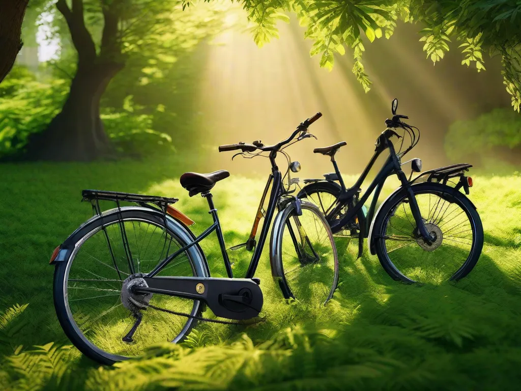 Uma imagem vibrante de duas bicicletas estacionadas em um prado sereno, cercado por grama alta e flores silvestres coloridas. O sol está brilhando, lançando um brilho quente na cena, enquanto uma brisa suave balança as folhas das árvores próximas. As bicicletas simbolizam a conexão entre os seres humanos e a natureza, convid