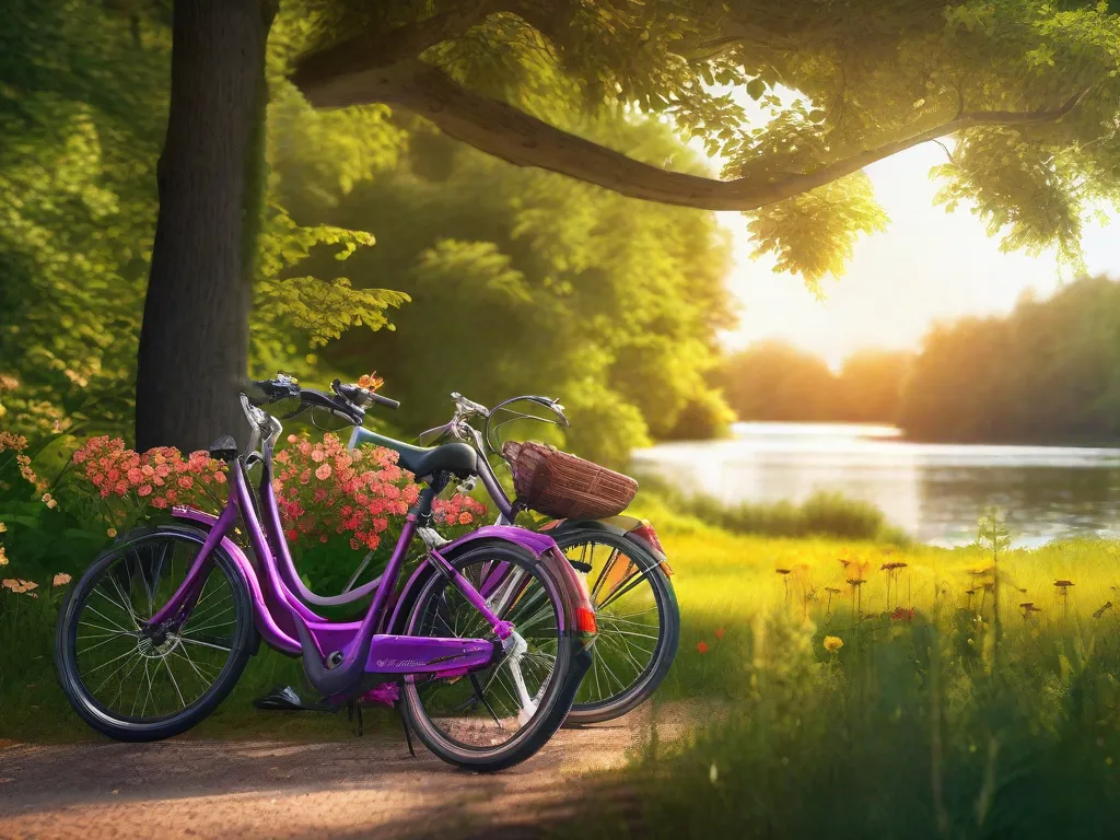 Uma imagem vibrante de duas bicicletas estacionadas perto de uma trilha cênica, rodeada por árvores verdes exuberantes e flores em flor. O sol lança um brilho quente na cena, destacando a beleza da natureza e a alegria de pedalar.