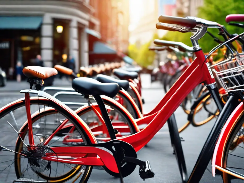 Uma imagem vibrante mostrando uma fileira de bicicletas urbanas elegantes e coloridas estacionadas contra um pano de fundo pitoresco de uma rua urbana movimentada. O sol lança um brilho quente nas bicicletas, destacando seu design elegante e natureza convidativa, convidando os leitores a embarcar em um passeio tranquilo pela cidade.