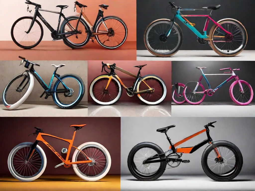 Descrição da imagem: Uma colagem de diferentes bicicletas, cada uma exibindo um design e esquema de cores únicos. As bicicletas estão dispostas em uma fileira, destacando suas características e etiquetas de preço variadas. Esta imagem representa a comparação de preços de bicicletas, oferecendo uma representação visual das diferentes opções disponíveis e onde encontrar as melhores ofertas.