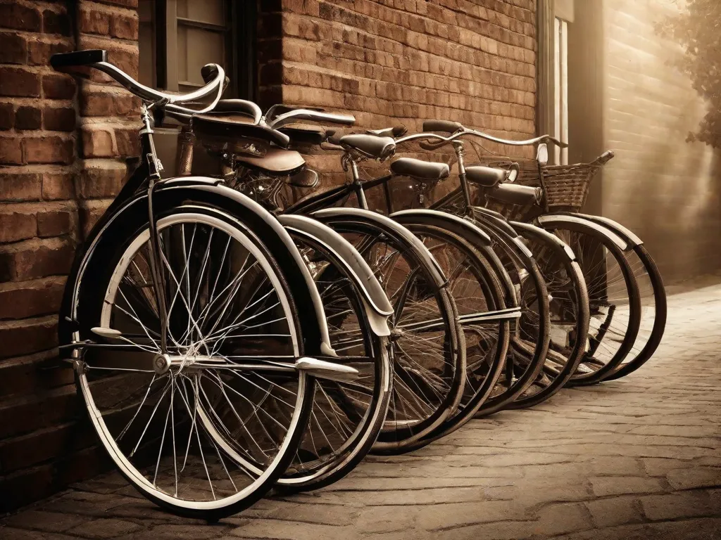 Uma fotografia em tons de sépia mostra uma sequência de bicicletas antigas, desde a Penny Farthing de roda alta até a bicicleta de estrada clássica dos anos 1950, dispostas contra uma velha parede de tijolos, simbolizando a evolução do ciclismo através dos tempos.