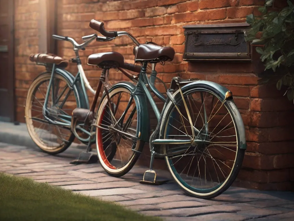 Bicicletas antigas alinhadas contra uma parede de tijolos envelhecida, cada bicicleta com quadros únicos e tinta desbotada, exibindo a evolução do design de ciclismo. Selins de couro, metalurgia detalhada e guidões clássicos são realçados pelo brilho suave de uma iluminação quente e nostálgica.