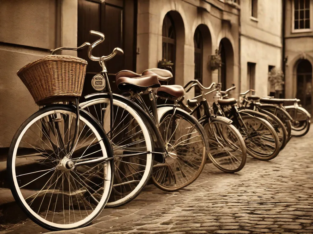 Uma fotografia em tons de sépia exibe uma série de bicicletas antigas, desde as penny-farthings de roda alta até as robustas bicicletas clássicas de estrada, cada uma representando uma era diferente na história do ciclismo. O cenário é uma antiga rua de paralelepípedos, evocando uma sensação de tempos passados e a evolução do transporte de duas rodas