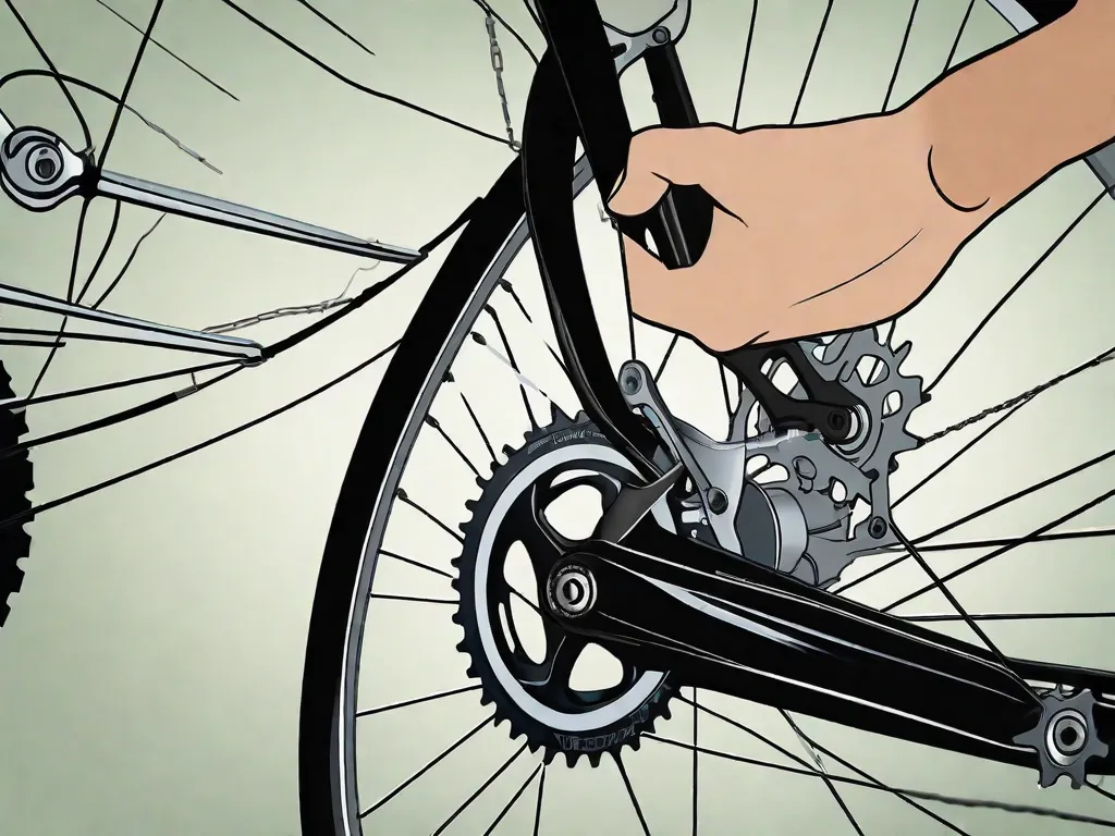 Descrição da imagem: Um close-up de um câmbio traseiro de bicicleta, com a corrente e as engrenagens claramente visíveis. A mão do ciclista está ajustando a tensão no cabo do câmbio, demonstrando o processo de ajuste fino da troca de marchas. A imagem captura a precisão e atenção aos detalhes necessários para garantir trocas de marcha suaves e eficientes em