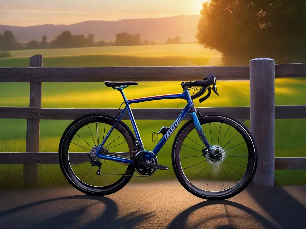Uma bicicleta de estrada apoiada contra uma cerca de madeira em uma estrada rural serena ao amanhecer, com o sol nascente lançando um brilho quente sobre os campos cobertos de orvalho e um capacete descansando no guidão, sugerindo um início precoce de uma longa jornada de ciclismo.
