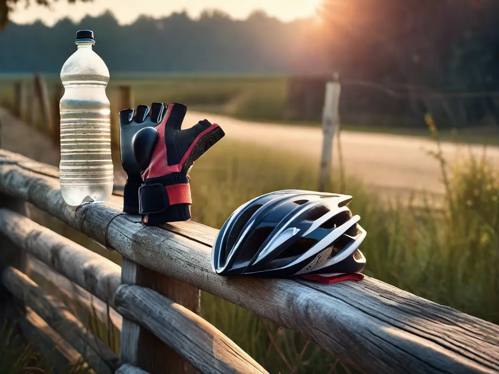 Uma bicicleta de estrada apoiada contra uma cerca de madeira desgastada ao nascer do sol, com um par de luvas de ciclismo bem usadas e uma garrafa de água repousando no selim, simbolizando o compromisso diário com o treinamento.