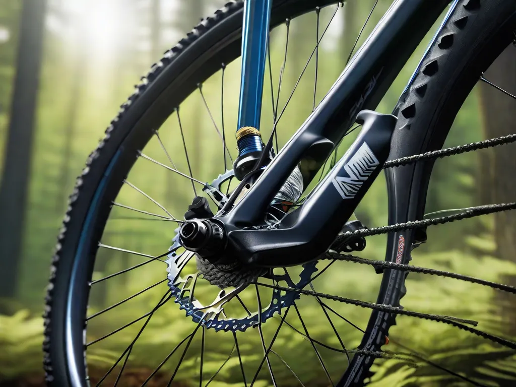 Uma imagem em close-up do amortecedor traseiro de uma bicicleta de montanha, com o botão de ajuste de retorno destacado e claramente visível. O fundo mostra o desfoque de uma trilha na floresta, enfatizando a prontidão da bicicleta para terrenos desafiadores.