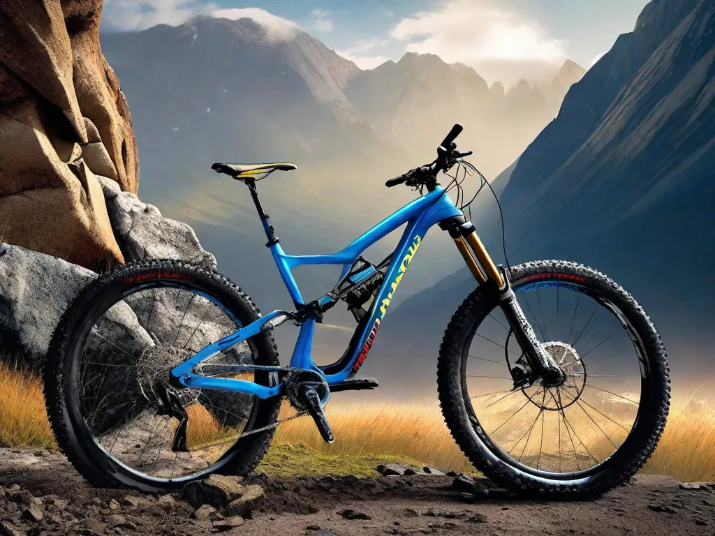 Uma bicicleta de montanha está encostada em uma saliência rochosa e acidentada, com as montanhas andinas erguendo-se majestosamente ao fundo. Os pneus da bicicleta estão cobertos de lama, um testemunho do terreno desafiador pelo qual ela passou. O céu acima está de um azul brilhante, sugerindo grande altitude.