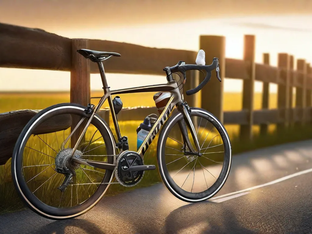 Uma bicicleta de estrada está encostada em uma cerca de madeira com uma estrada rural aberta à frente. O sol da manhã cedo lança um tom dourado sobre a grama orvalhada. Um capacete, luvas de ciclismo e uma garrafa de água repousam no chão ao lado da bicicleta, prontos para a jornada.