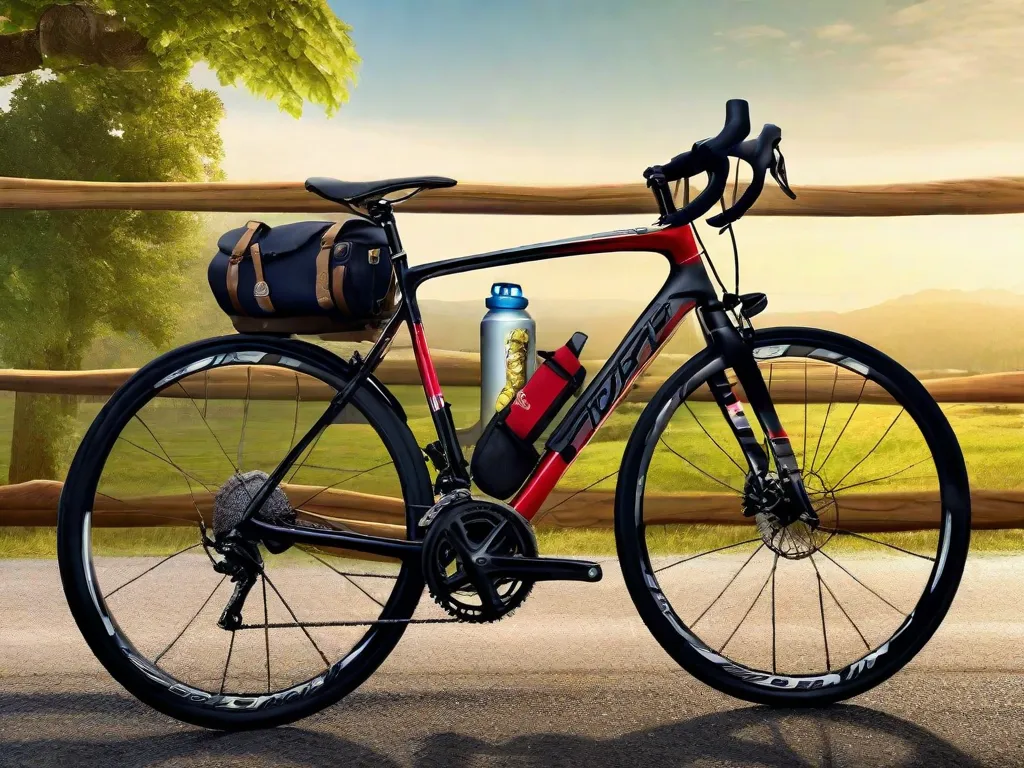 Uma bicicleta de estrada está encostada em uma cerca de madeira com um cenário campestre ao fundo. No quadro da bicicleta, uma bolsa compacta está recheada com barras de energia, bananas, uma garrafa de água e um pequeno pacote de nozes mistas - combustível para a longa pedalada que está por vir.