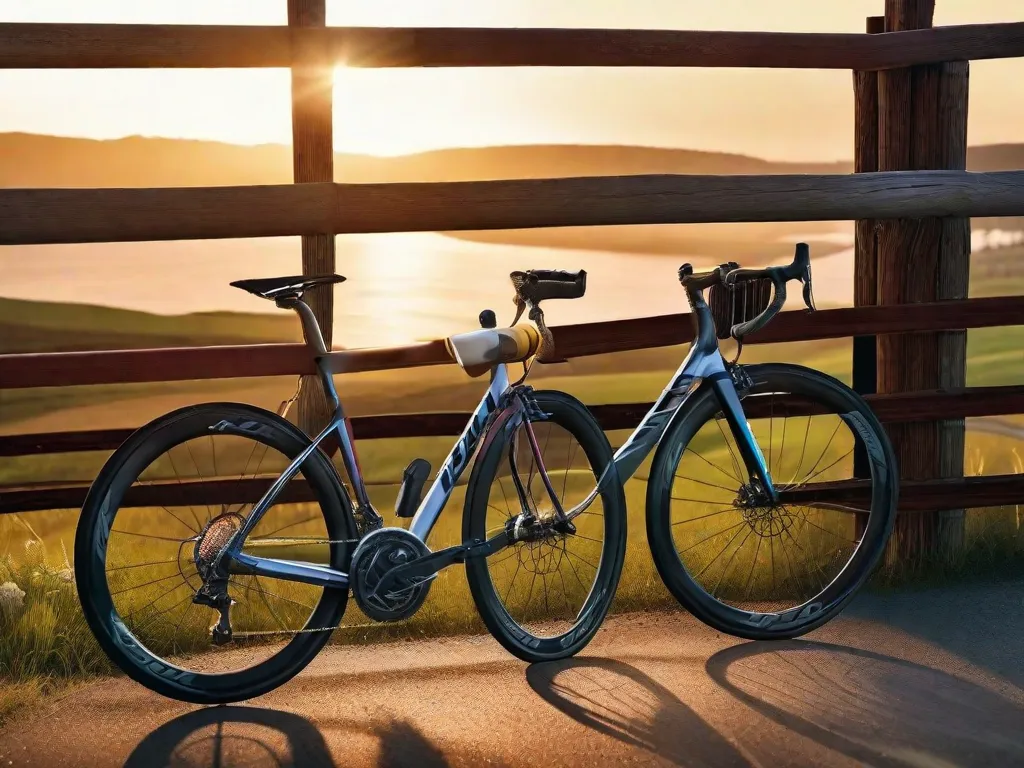Uma bicicleta de estrada está encostada em uma cerca de madeira em uma estrada rural cênica ao nascer do sol, com um capacete pendurado no guidão e uma paisagem aberta ao fundo, sugerindo o início de uma jornada de ciclismo.