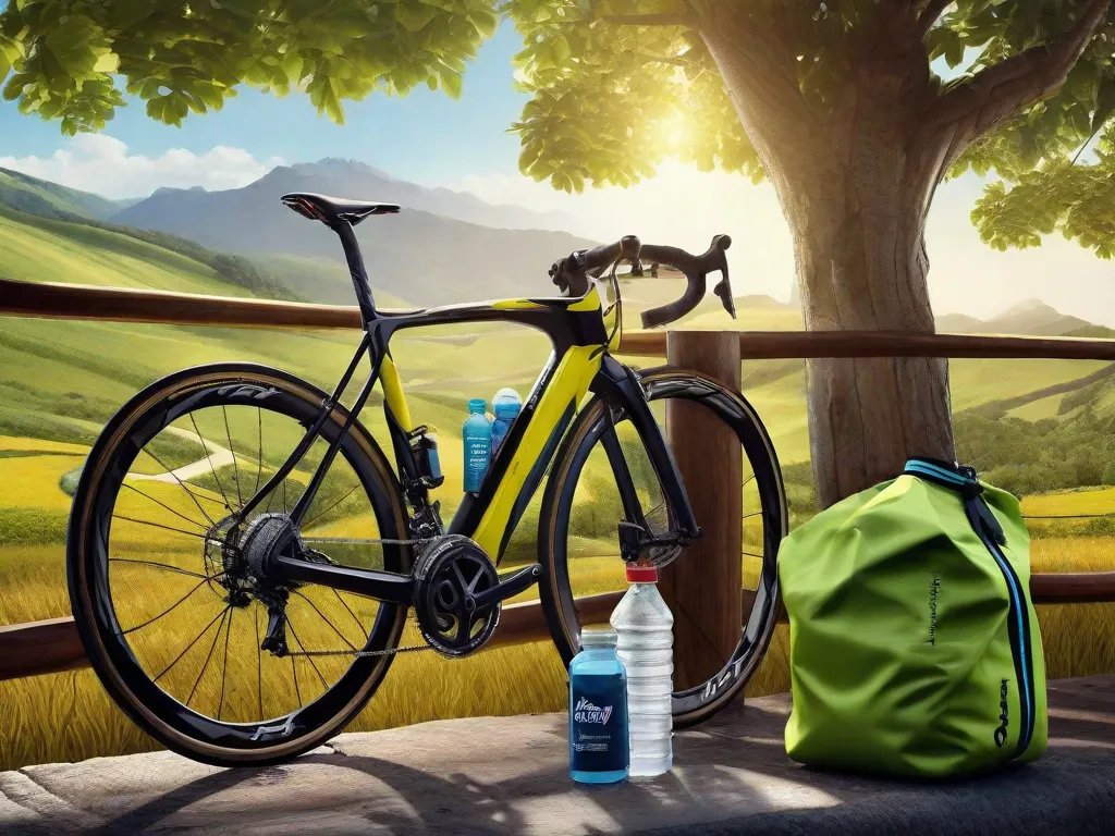 Uma bicicleta de estrada encostada em uma cerca de madeira com uma paisagem pitoresca ao fundo. No quadro da bicicleta, uma pequena bolsa está presa, cheia de bananas, barras de energia e uma garrafa de água, ilustrando as necessidades nutricionais para o ciclismo de longa distância.