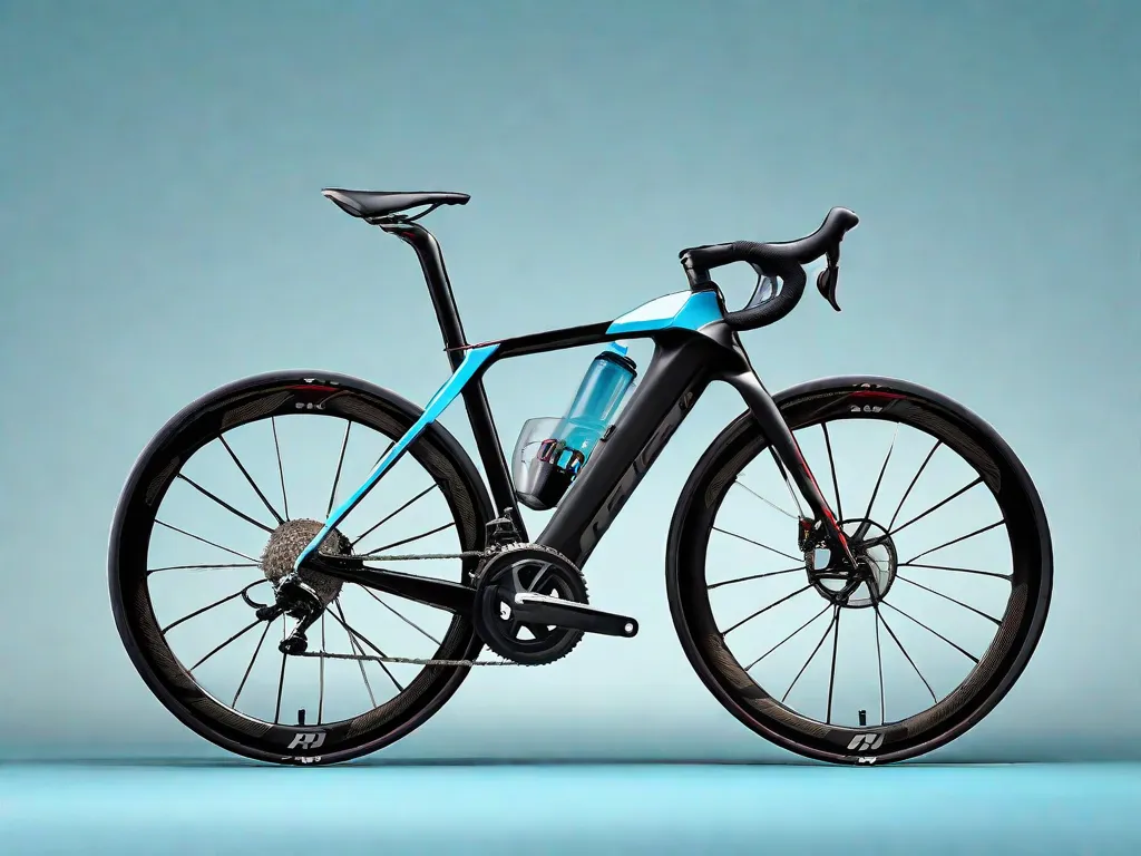 Uma bicicleta de estrada contrastando com um céu azul e límpido, apresentando um selim e guidão ajustáveis. O quadro é elegante, com manoplas ergonômicas e uma garrafa de água montada ao alcance fácil. Os pedais são posicionados para uma extensão ótima das pernas, exibindo uma configuração projetada para conforto e eficiência no ciclismo