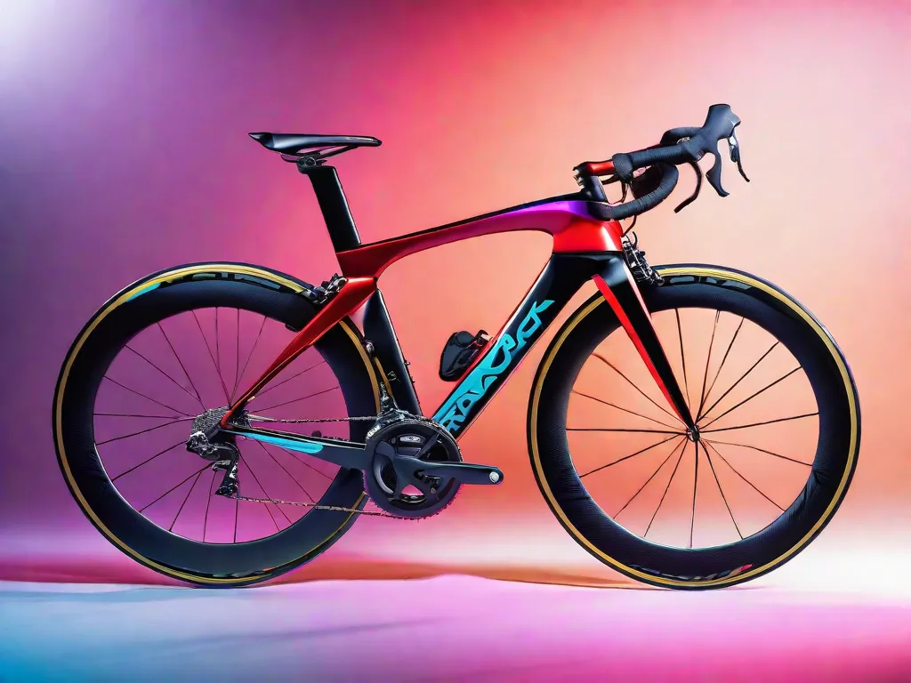 Uma imagem em close-up de uma bicicleta de estrada elegante, com cores vibrantes e design aerodinâmico, mostrando a escolha perfeita para o ciclista competitivo.