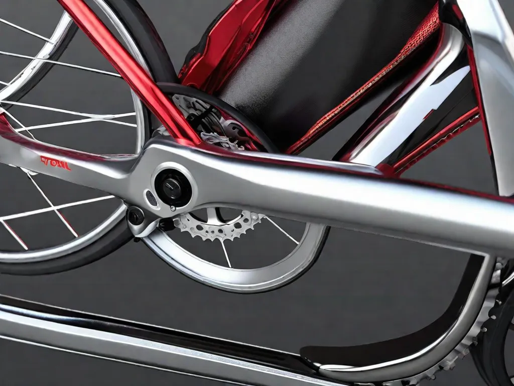 Uma imagem em close-up de uma bicicleta elegante e dobrável, cuidadosamente dobrada e compactada. O quadro da bicicleta é feito de materiais leves, mostrando sua flexibilidade e fácil desmontagem. Essa imagem representa o tema
