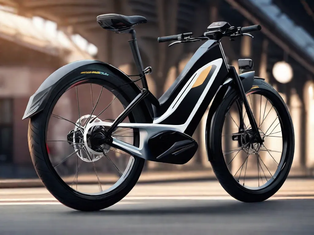 Uma imagem em close-up de uma bicicleta elétrica elegante e estilosa estacionada em um cenário pitoresco. O quadro da bicicleta é feito de materiais duráveis e de alta qualidade, mostrando sua longevidade. A imagem enfatiza a confiabilidade e durabilidade das bicicletas elétricas, destacando sua capacidade de resistir a vários terrenos e fornecer um desem