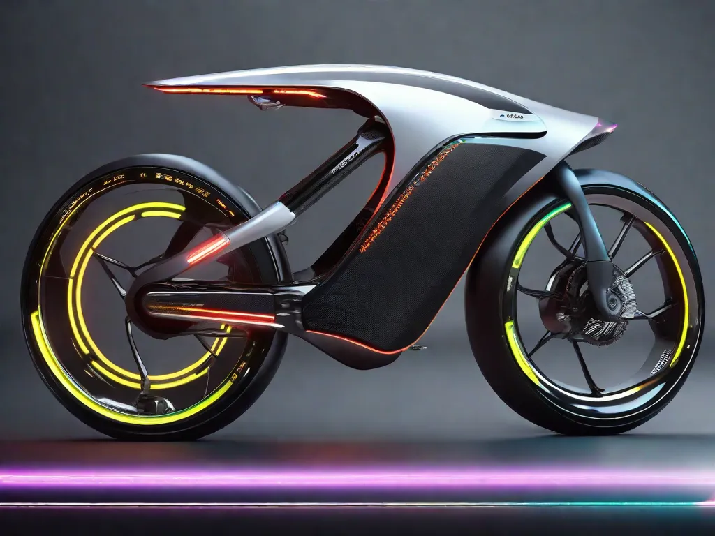 Uma bicicleta elétrica elegante e futurista com um display sensível ao toque integrado no guidão, exibindo a vida útil da bateria e a navegação. O quadro é de fibra de carbono, com um motor oculto no cubo da roda traseira e um sistema de marchas contínuo. Luzes de LED são embutidas para visibilidade em um design aerodinâmico
