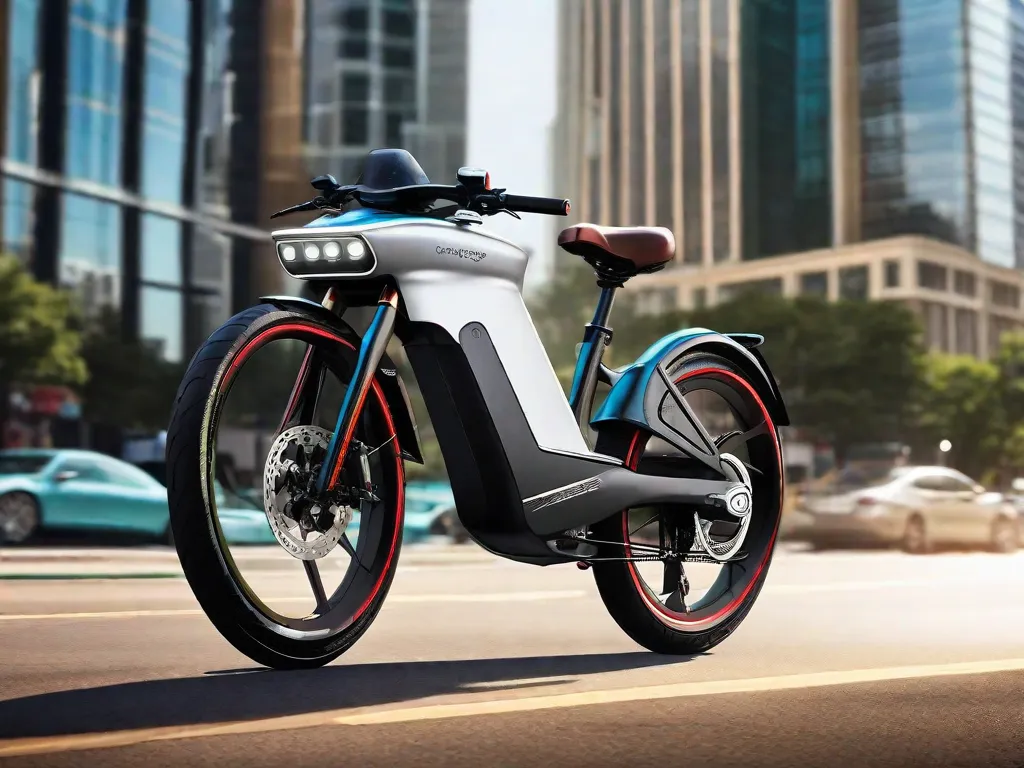 Descrição da Imagem: Um close-up de uma bicicleta elétrica elegante e moderna estacionada em frente a uma movimentada rua da cidade. A bateria da bicicleta está em destaque, mostrando a conveniência e a natureza ecologicamente correta das bicicletas elétricas. A imagem captura a emoção e a liberdade de navegar sem esforço pelos espaços urbanos em uma bicic