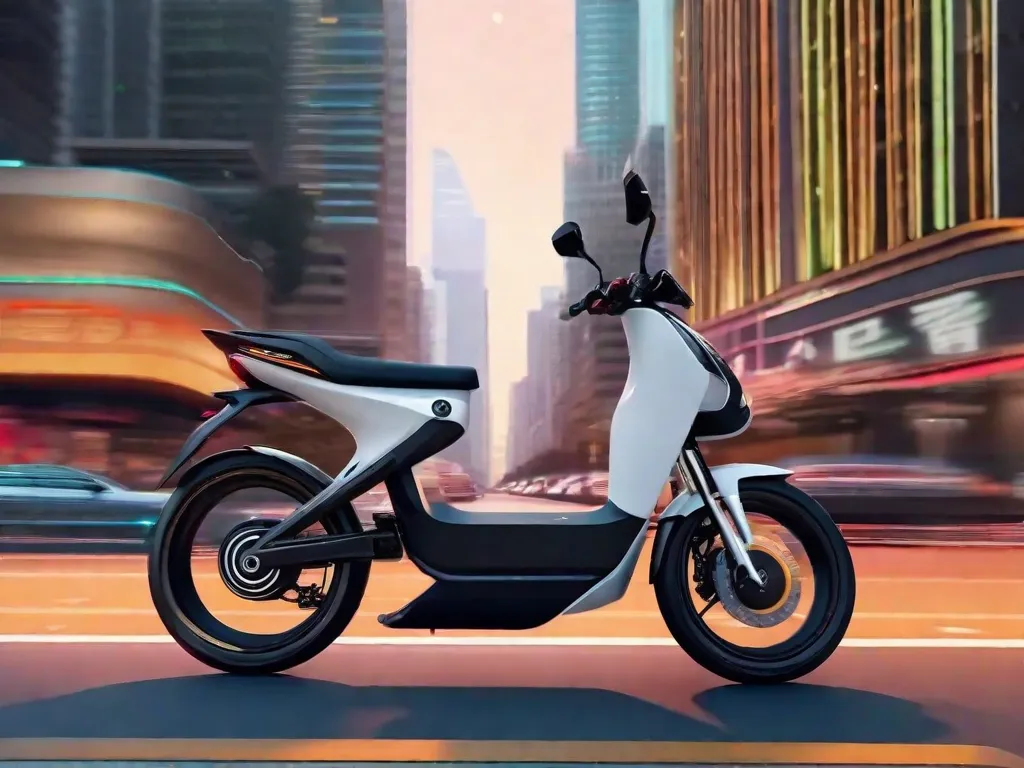 Uma bicicleta elétrica elegante e moderna está apoiada em um cenário urbano vibrante. Sua estrutura aerodinâmica e motor potente transmitem uma sensação de eficiência e respeito ao meio ambiente. O ciclista, com um sorriso satisfeito no rosto, desliza sem esforço pelas ruas movimentadas, mostrando a conveniência e alegria das bic