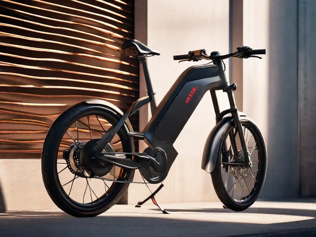 Uma bicicleta elétrica elegante está encostada em uma parede urbana iluminada pelo sol, com o pacote de bateria exibido de forma proeminente. A paisagem urbana reflete no quadro brilhante, sinalizando o início de um trajeto ecologicamente correto.