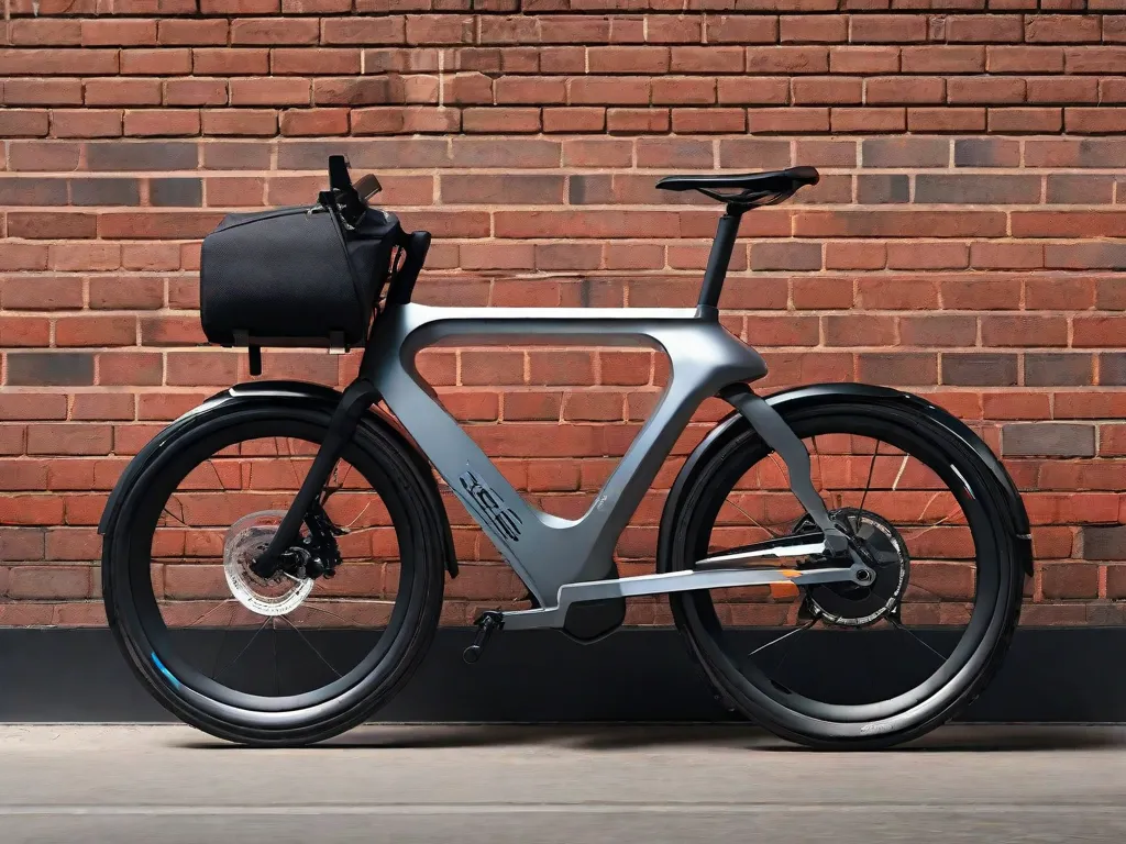 Uma elegante bicicleta elétrica está encostada em uma parede de tijolos desgastada em um beco urbano. Seu quadro é moderno e aerodinâmico, com um pacote de bateria proeminente posicionado acima dos pedais, e um display de controle intuitivo montado no guidão. Os pneus sugerem durabilidade para o uso diário na cidade.