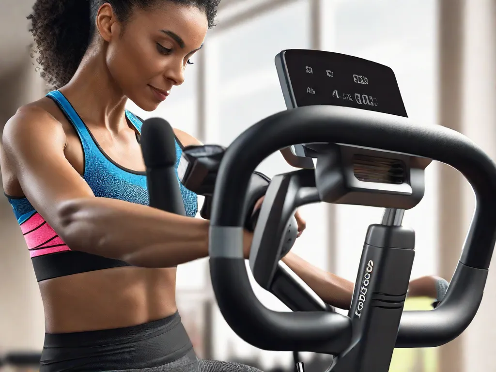 Descrição da Imagem: Uma foto em close-up de uma pessoa sentada em uma bicicleta estacionária ergonômica, mostrando as várias características ajustáveis. O ciclista está vestindo roupas confortáveis para exercícios e tem uma postura relaxada, com as mãos segurando o guidão e os pés presos nos pedais. A imagem destaca a importância dos ajustes adequados para um treino confortável e