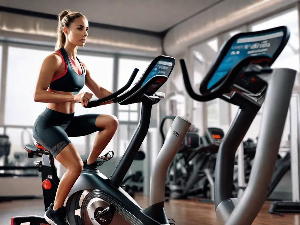 Nesta imagem, uma pessoa está mostrada sentada em uma bicicleta ergométrica, vestindo roupas esportivas e com uma expressão determinada. Ela está ajustando o nível de resistência na bicicleta, destacando a primeira dica para um treino eficiente. O fundo apresenta um cenário de academia com outros equipamentos de exercício, enfatizando a importância de uma rotina de fitness completa.