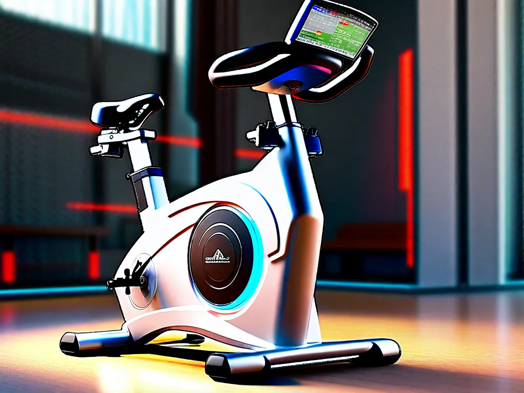 Descrição da imagem: Um close-up de uma bicicleta ergométrica estacionária moderna e elegante. Seu assento e guidão ajustáveis são destacados, mostrando a importância de encontrar o ajuste certo para um treino confortável. A tela digital no console da bicicleta mostra várias métricas como frequência cardíaca, distância e calorias queimadas, enfatizando a importância de acompanhar o progress