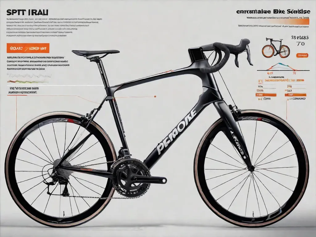 Uma bicicleta de estrada elegante contra um fundo branco, seu selim e guidão finamente ajustados para uma altura ótima, com um fio de prumo pendurado do selim até o pedal, ilustrando a configuração ergonômica precisa para ciclismo sem dor.