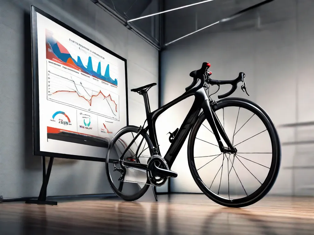 Uma elegante bicicleta de estrada de fibra de carbono está encostada em um cenário de escritório moderno com um quadro branco de planejamento estratégico cheio de metas e fluxogramas, simbolizando a fusão do progresso estratégico nos negócios e a inovação no ciclismo.