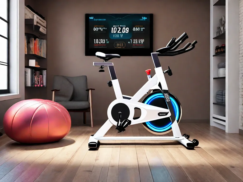 Uma imagem em close de uma bicicleta ergométrica moderna e elegante, com uma tela de exibição digital mostrando várias métricas de treino, como distância, calorias queimadas e frequência cardíaca. A bicicleta está montada em uma academia doméstica bem iluminada, com pôsteres motivacionais nas paredes, criando um espaço de exercício convidativo e energizante
