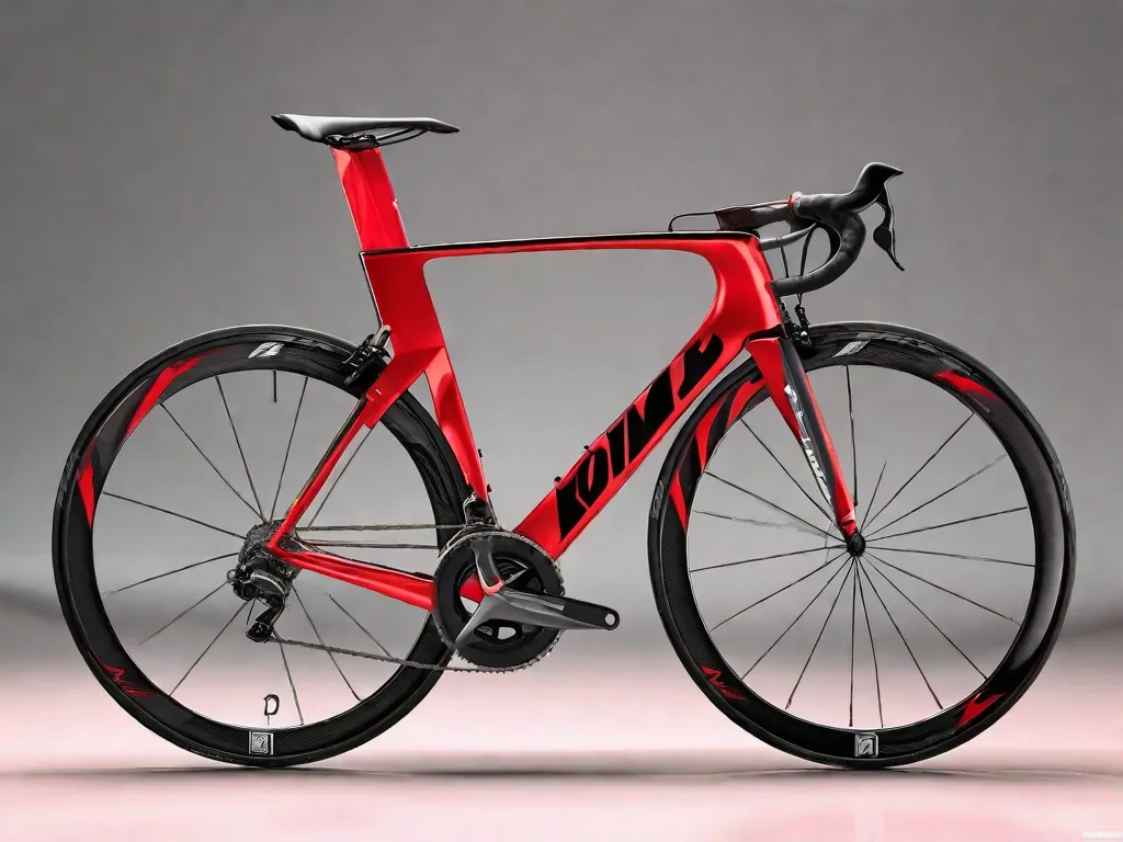 Uma bicicleta de estrada elegante e aerodinâmica, projetada especificamente para corridas profissionais. Sua estrutura de carbono leve é pintada em um vibrante tom de vermelho, simbolizando velocidade e poder. A bicicleta conta com componentes de alta qualidade, incluindo um conjunto de alto desempenho e rodas de carbono com perfil aerodinâmico, tornando-a a escolha
