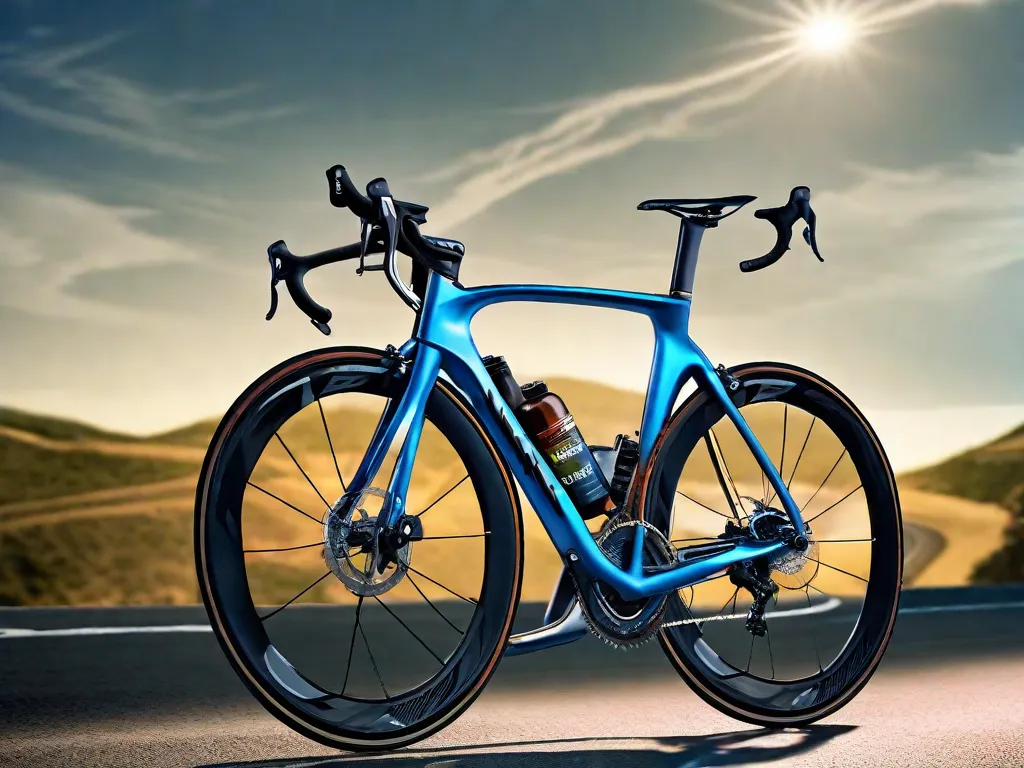 Uma bicicleta de estrada elegante está equipada com suportes duplos para garrafa no tubo inferior e no tubo do selim, cada um segurando uma garrafa de água transparente com uma tampa azul. A bicicleta está encostada em um mirante cênico, com uma estrada aberta se estendendo à frente, convidativa para um longo passeio hidratado.