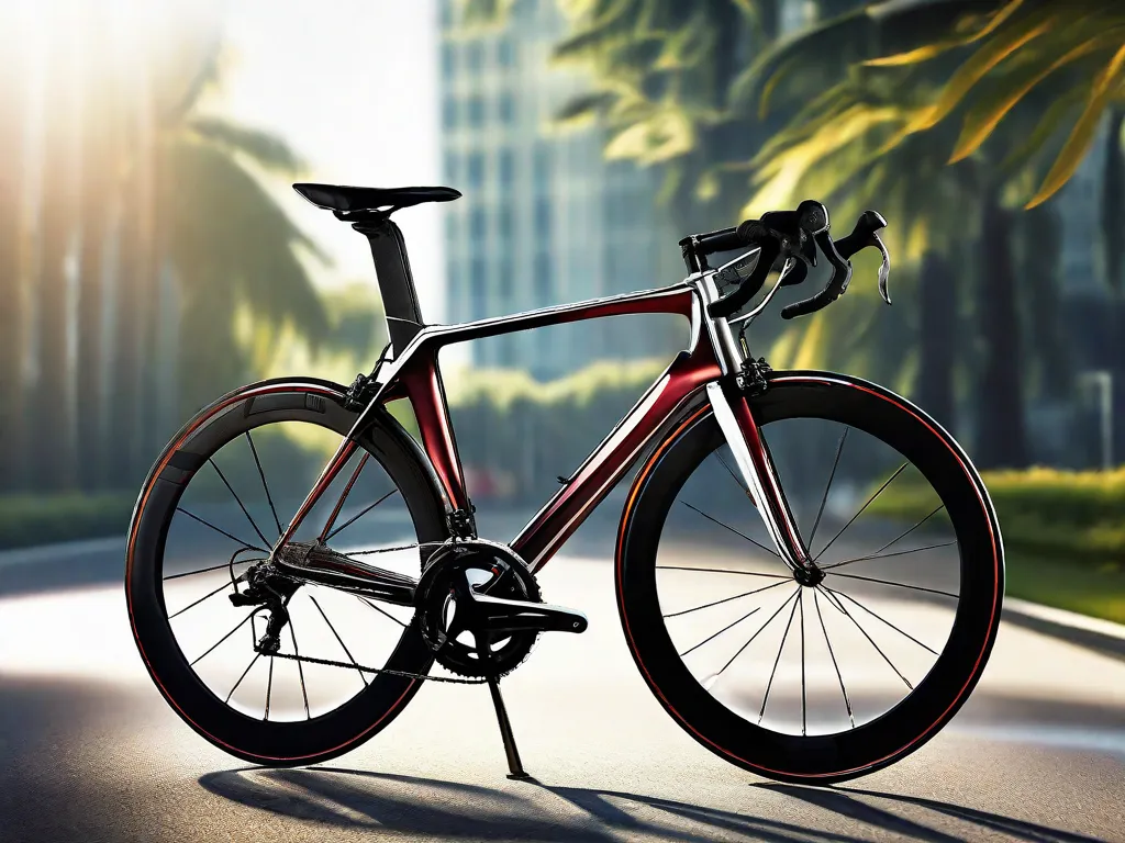 Uma imagem em close de uma bicicleta de estrada elegante e aerodinâmica, com a luz do sol refletindo em seu quadro metálico brilhante. O foco está nas linhas suaves e no guidão curvado, mostrando o equilíbrio perfeito entre velocidade e conforto que essa bicicleta oferece.