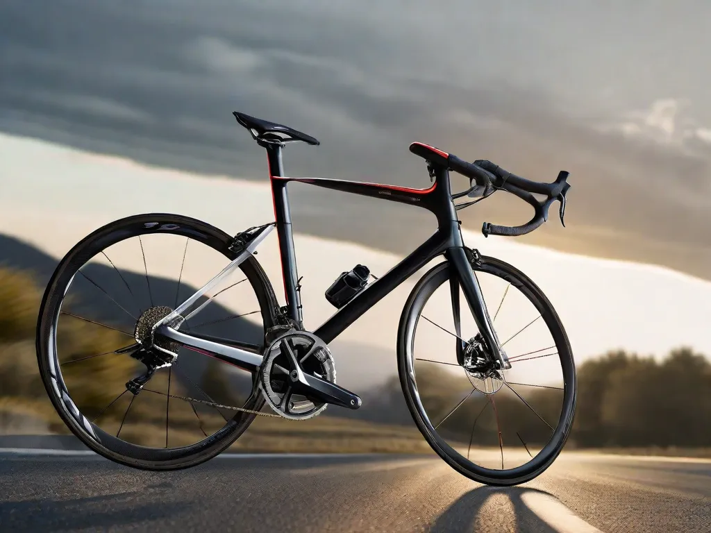 Uma imagem de uma bicicleta de estrada vazia vista de lado, com um foco claro no selim, que está alinhado perfeitamente nivelado com o horizonte, demonstrando a posição ideal do selim para um ciclismo eficiente e confortável. O guidão está levemente desfocado ao fundo, enfatizando a posição do selim.