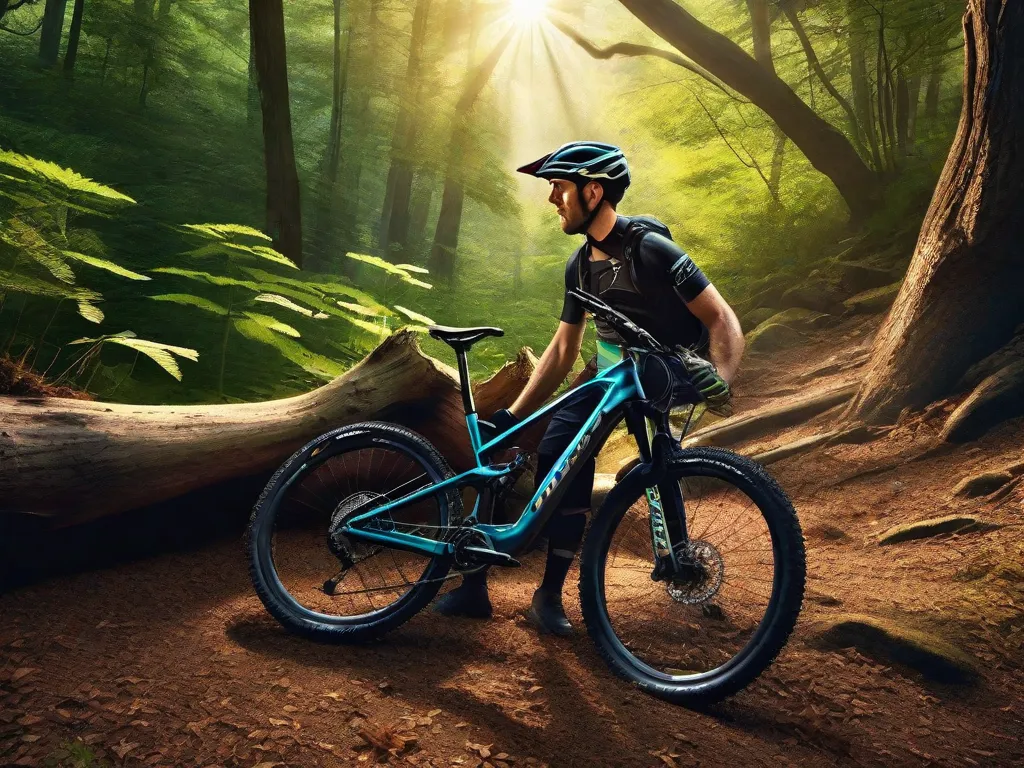 Uma imagem serena de uma bicicleta de montanha encostada em uma árvore robusta, com o pano de fundo de uma floresta densa e exuberante. O sol espreita através do dossel, iluminando uma trilha que promete aventura enquanto destaca a relação simbiótica entre o ciclismo e o mundo natural.