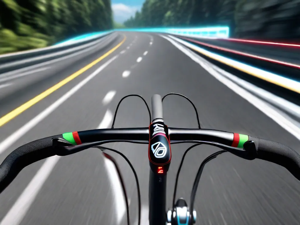 Uma imagem em close-up do guidão e da mesa de uma elegante bicicleta de estrada, com foco nos botões futuristas do câmbio eletrônico integrados de forma imperceptível à fita do guidão. Ao fundo, uma visão desfocada de uma estrada sinuosa sugere eficiência e inovação em ciclismo de alta tecnologia.