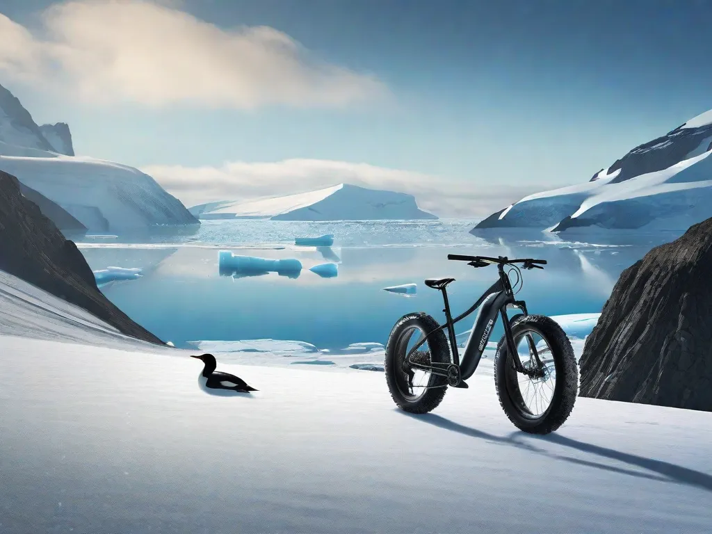Uma bicicleta fat bike está apoiada contra o pano de fundo da paisagem gelada da Antártica, com seus pneus largos prontos para enfrentar a neve. Ao longe, um pinguim solitário observa curiosamente o intruso de duas rodas. O céu está azul límpido, sugerindo a calma de um dia de verão polar.